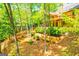 A serene backyard featuring a lush garden with tiered landscaping and a charming wooden fence at 8575 Haven Wood Trl, Roswell, GA 30076