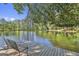 Secluded pond with mature trees and a wooden dock, creating a private and serene environment at 180 Willow Lake Ln, Sharpsburg, GA 30277