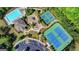 This aerial view showcases community amenities including a pool, clubhouse, playground, and tennis courts, all surrounded by lush landscaping at 7575 Old Camp Lndg, Cumming, GA 30040