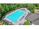 A stunning aerial captures a vast community pool with plenty of lounge seating, surrounded by greenery at 7575 Old Camp Lndg, Cumming, GA 30040