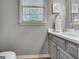 Bathroom with gray vanity, framed art, and window with natural light at 302 Welton Way, Peachtree City, GA 30269