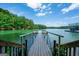 Waterfront property featuring a private wooden dock that stretches out onto a lake, surrounded by lush trees and clear blue sky at 1130 S Rudder Rd, Cumming, GA 30041