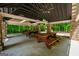 Community pavilion with stone columns, picnic tables, and views of lush greenery provides shade near pool at 1130 S Rudder Rd, Cumming, GA 30041