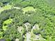 Aerial view of houses surrounded by nature near a small pond and walking trails at 120 Laurel Forest Dr, Tyrone, GA 30290
