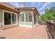 Spacious back deck with sliding door access to the sunroom and a fenced in yard at 411 Baneberry Bnd, Peachtree City, GA 30269