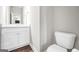 Half bathroom featuring a white vanity with marble countertop and a toilet at 715 Colvin Dr, Locust Grove, GA 30248