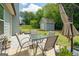 Backyard patio featuring outdoor seating, a view of the shed, and a well-manicured lawn, ideal for gatherings at 207 Brookstone Dr, Carrollton, GA 30116
