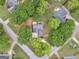 An aerial view of a home nestled amongst mature trees in a well-manicured suburban neighborhood with sidewalks at 30 Stonewall Dr, Covington, GA 30016