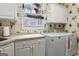 Bright laundry room featuring modern appliances, ample counter space, and floral wallpaper at 9274 Betony Wood Trl, Jonesboro, GA 30236