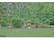 A backyard with a lawn, manicured landscaping, mulch beds, mature trees, and garden pots at 323 Newfield Way, Peachtree City, GA 30269