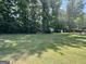 The large, flat backyard features green grass and mature trees at 105 Harris Ct, Stockbridge, GA 30281