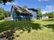 The backyard features green grass with mature shade trees and a blue home at 105 Harris Ct, Stockbridge, GA 30281