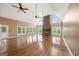 Spacious living room boasting a stone fireplace and hardwood floors at 1212 Lee Whatley Dr, Lithonia, GA 30058