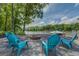Outdoor firepit with blue Adirondack chairs overlooking the lake, perfect for evening gatherings and relaxation at 22 Waters Bridge Cir, Covington, GA 30014