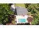 Aerial view showcasing a home with a backyard pool, patio area, and lush green surroundings at 125 Wendell Ct, Fayetteville, GA 30215