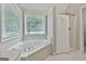 Bright bathroom featuring a soaking tub with jets, a separate shower, and a large window at 391 Massengale Rd, Brooks, GA 30205
