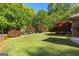 Expansive backyard with lush lawn, vibrant Japanese Maple trees, and a patio area ideal for outdoor relaxation at 110 Woodland Rd, Fayetteville, GA 30214