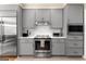 Well-equipped kitchen featuring stainless steel appliances, gray cabinets, and modern finishes at 110 Woodland Rd, Fayetteville, GA 30214