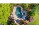 Aerial view of a backyard pool with a spa, surrounded by lush landscaping creating a private retreat at 110 Woodland Rd, Fayetteville, GA 30214