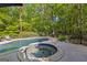 Backyard in-ground pool and jacuzzi are surrounded by tall green trees at 110 Woodland Rd, Fayetteville, GA 30214
