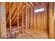 Unfinished attic interior showcases wood framing, insulation, and a window, offering possibilities for future build-out at 4180 Mount Paran Dr, Social Circle, GA 30025