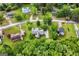 Aerial view of a neighborhood featuring well-maintained homes, lush greenery, and a community pool in the distance at 106 June Ct, Hampton, GA 30228