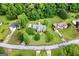 Overhead perspective of a neighborhood showcasing mature trees, well-kept lawns, and homes with driveways and landscaping at 106 June Ct, Hampton, GA 30228