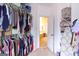 Organized walk-in closet leading to a bathroom with a tub, showcasing storage and bathroom access at 150 Murphy Creek Ln, Fayetteville, GA 30215