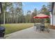 Patio with outdoor seating and a view of the spacious backyard with mature trees at 3911 Peeksville Rd, Locust Grove, GA 30248