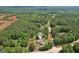 Aerial view shows the home with a pin location, surrounded by mature trees and green space at 411 Johnson Rd, Locust Grove, GA 30248
