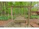 Scenic backyard featuring a charming wooden swing surrounded by trees and a stone path at 30 Joe Lee Dr, Sharpsburg, GA 30277