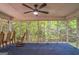 Screened porch with view of trees, ceiling fan and blue carpet at 2201 Valley Creek Cir, Snellville, GA 30078