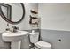 Half bath with pedestal sink, modern fixtures, and decorative mirror, adding convenience for guests at 4760 Highside Way, Smyrna, GA 30082