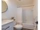 Fresh bathroom with marble countertop vanity, toilet and combined bath and shower with white subway tiles at 65 Cobblestone Crk, Peachtree City, GA 30269