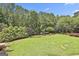 Expansive backyard showcasing a hammock and meticulously maintained lawn bordered by mature trees and shrubbery at 106 Hidden Springs Ln, Peachtree City, GA 30269
