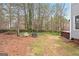 Landscaped backyard featuring a cozy fire pit, bench seating and hot tub with wooded backdrop at 600 Lake Overlook Dr, Canton, GA 30114