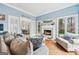 Inviting living room featuring a fireplace, light blue walls, hardwood floors and many windows at 600 Lake Overlook Dr, Canton, GA 30114