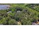 An aerial view shows a home with a pool surrounded by dense, mature trees and overlooking a lake at 130 Allie Drive, Mcdonough, GA 30252