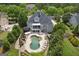 Aerial view of a gray two-story home with a large pool, extensive patio, and well-manicured landscaping at 405 Highgrove Dr, Fayetteville, GA 30215