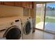 Well-lit laundry room with modern machines and backyard access at 1218 Heartwood Ave, Mcdonough, GA 30253