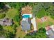 Aerial view showcasing the home with mature landscaping, swimming pool, fire pit, and circular driveway at 332 Judy Dr, Mcdonough, GA 30253