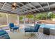Relaxing screened porch featuring a ceiling fan overlooking a swimming pool and outdoor seating area at 332 Judy Dr, Mcdonough, GA 30253