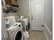Efficient laundry room featuring modern washer and dryer, shelving for storage and a white door at 3970 Lagrone St, Powder Springs, GA 30127