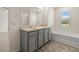 Modern bathroom with double sink vanity, tub, shower, and window for natural lighting at 560 Whitman Ln # 2016, Stockbridge, GA 30281