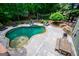 A serene backyard featuring a uniquely shaped pool, seating, and a fun treehouse at 125 High Bluff Trl, Carrollton, GA 30116