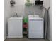Functional laundry room with washer, dryer, shelving, and ironing board at 2108 Remy Ct, Kennesaw, GA 30144