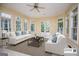 Bright sunroom features views of the backyard, neutral walls, and contemporary furnishings at 115 Champion Dr, Carrollton, GA 30116