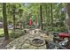 Spacious backyard patio featuring a fire pit, outdoor dining area, lush landscaping, and serene wooded views, ideal for entertaining at 100 Rosemont, Peachtree City, GA 30269
