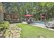 Inviting backyard featuring a swimming pool, patio with lounge chairs, outdoor dining area, and lush landscaping for relaxation at 100 Rosemont, Peachtree City, GA 30269