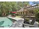 Backyard oasis featuring a pool, patio, pergola, and lush landscaping for outdoor enjoyment at 100 Rosemont, Peachtree City, GA 30269